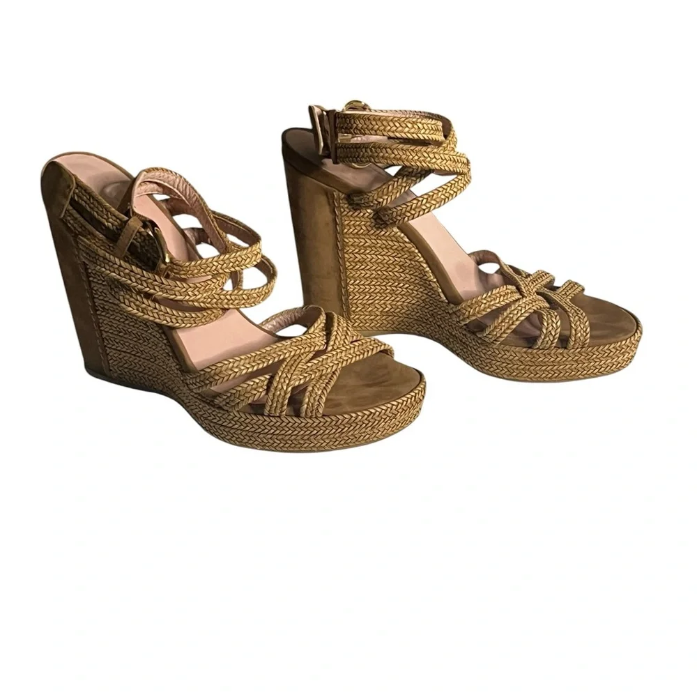 Stuart Weitzman Woven Espadrille Wedge Tan Sandals Size 9